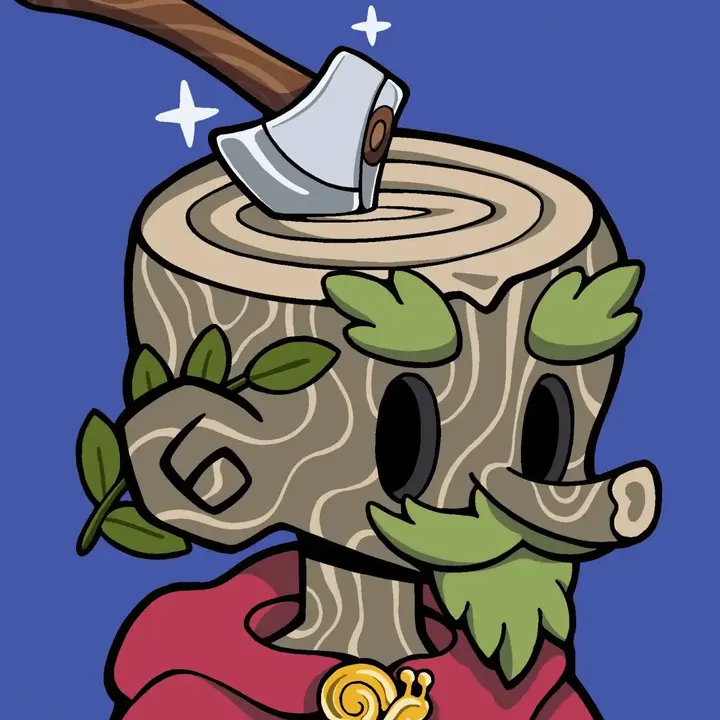 Oak Arrow, a stump-headed Woodie with an axe lodged in his crown