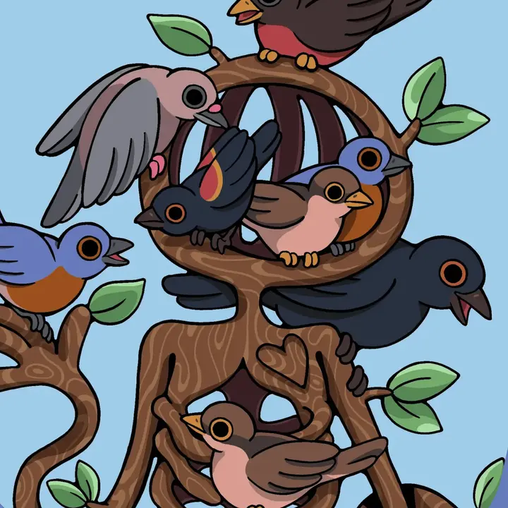 Tuuli, a Woodie made of branches, covered in birds